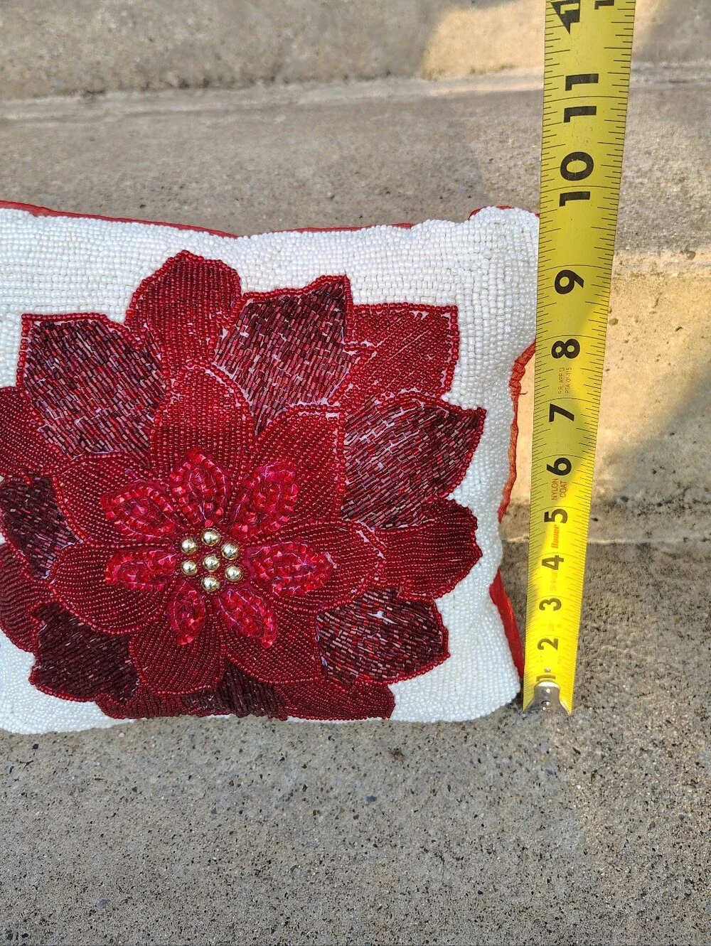 Vintage Christmas Beaded Poinsettia Throw Pillow Red White Gold Glass Seed Beads